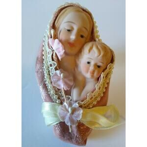 Vintage Madonna & Child Ornate Beaded Fabric Floral Fancy Christmas Ornament